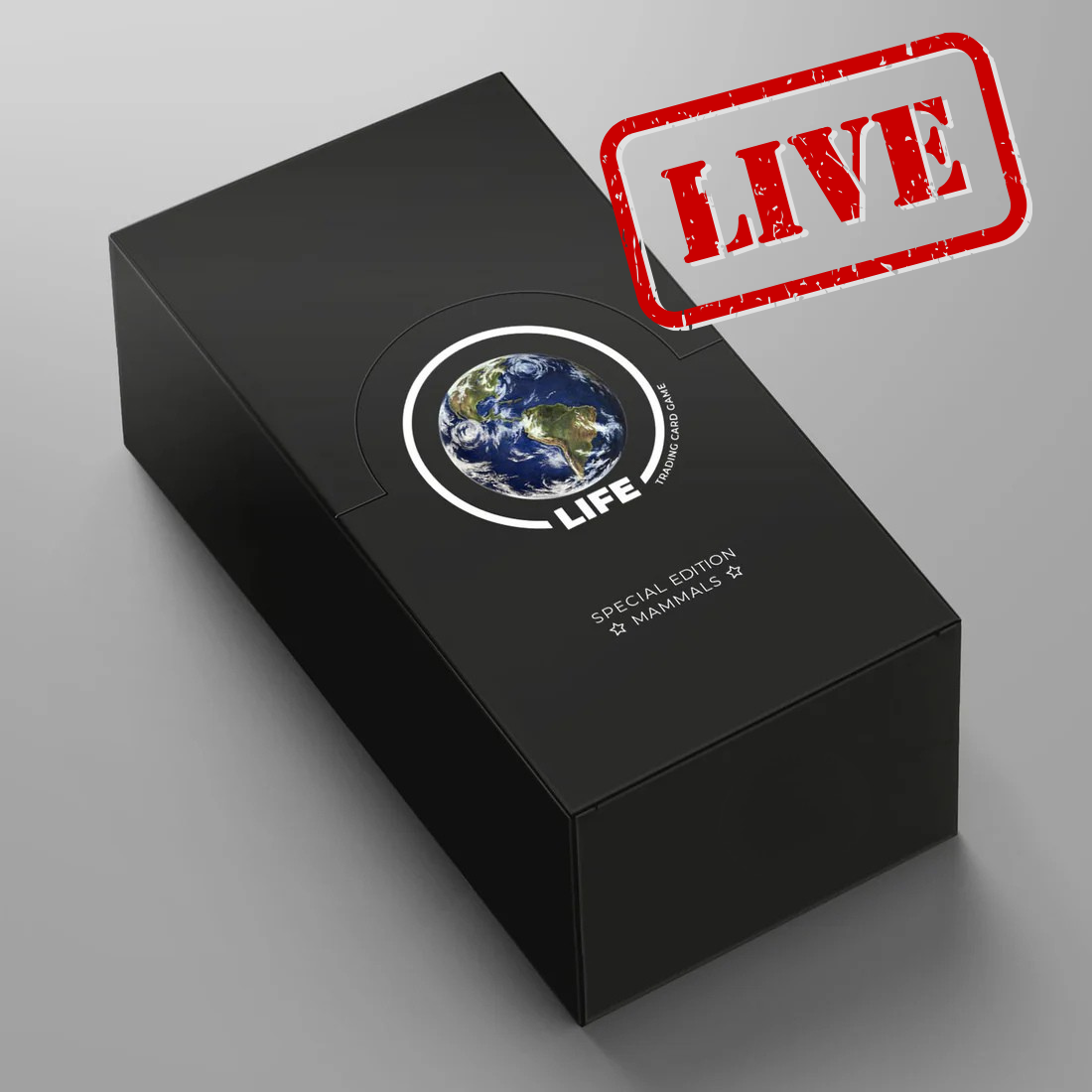 Black box with 'LIFE' logo and Earth image, featuring a red 'LIVE' stamp on a gray background