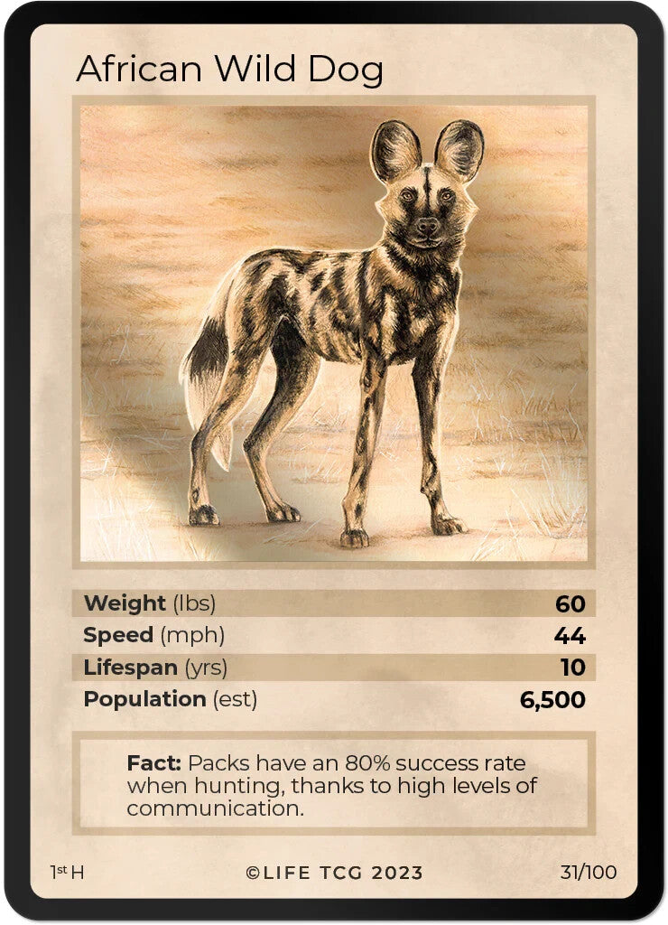 LIFE TCG Mammals 1st Edition - Choose Your Card - Holos #26-53 & Rares #1-25 (African Wild Dog 31/100 - Holo)